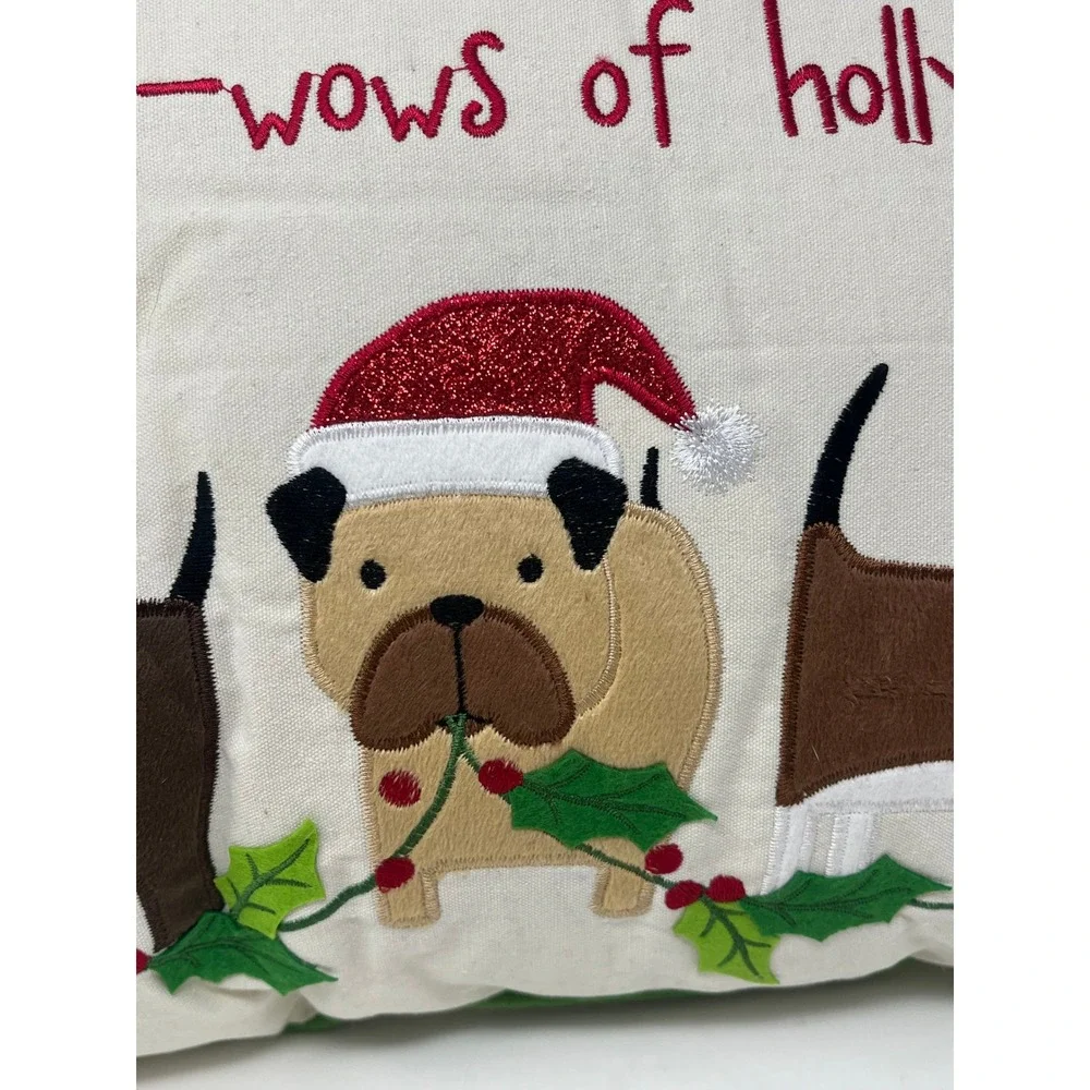 Christmas Pillow Deck The Halls Bow Wows Holly Pet Holiday Pug Basset Dachshund